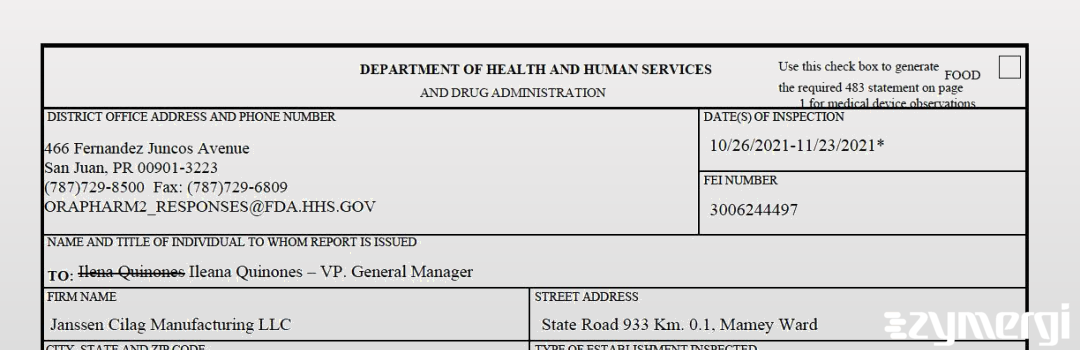 FDANews 483 Janssen Cilag Manufacturing LLC Nov 23 2021 top