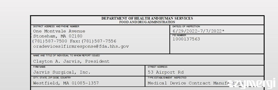 FDANews 483 Jarvis Surgical, Inc. Jul 7 2022 top