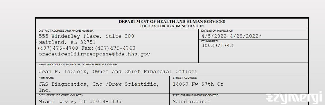 FDANews 483 JAS Diagnostics, Inc./Drew Scientific, Inc. Apr 28 2022 top