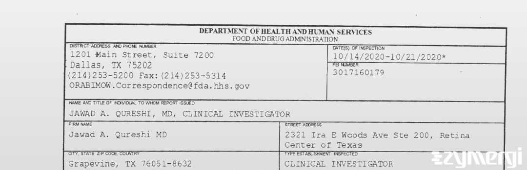 FDANews 483 Jawad A. Qureshi MD Oct 21 2020 top