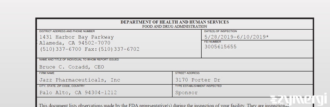 FDANews 483 Jazz Pharmaceuticals, Inc Jun 10 2019 top