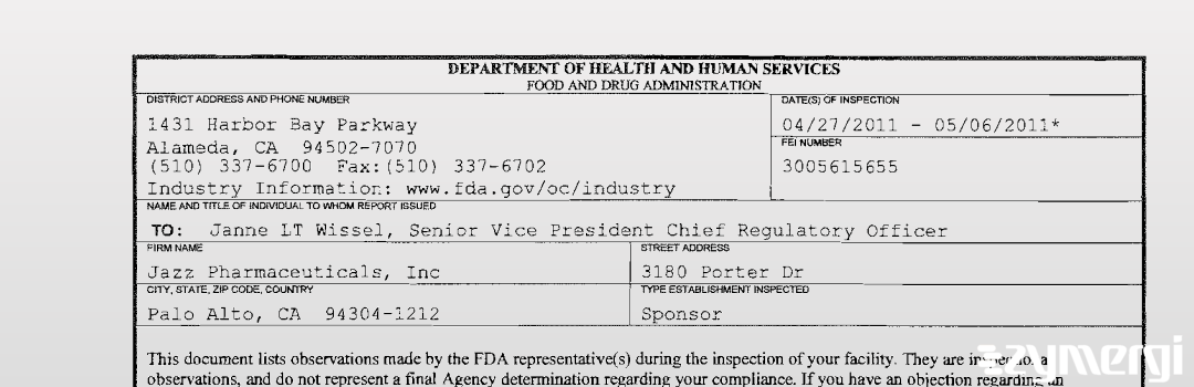 FDANews 483 Jazz Pharmaceuticals, Inc May 6 2011 top