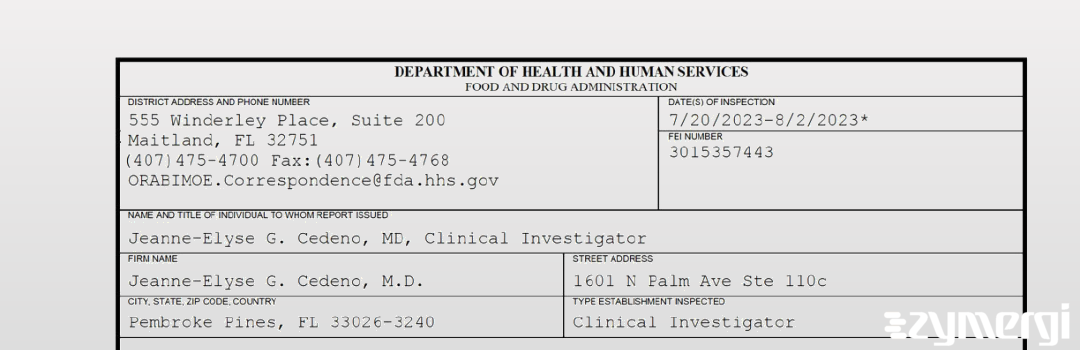 FDANews 483 Jeanne-Elyse G. Cedeno, M.D. Aug 2 2023 top