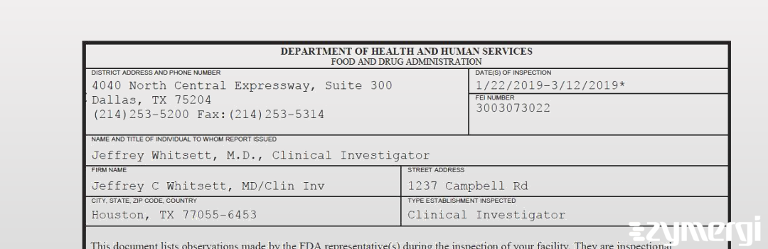 FDANews 483 Jeffrey C Whitsett, MD/Clin Inv Mar 12 2019 top