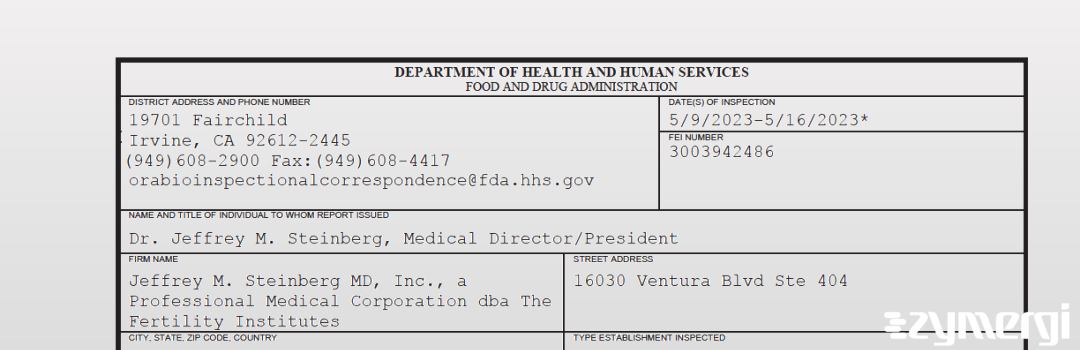 FDANews 483 Jeffrey M. Steinberg MD, Inc., a Professional Medical Corporation dba The Fertility Institutes May 16 2023 top