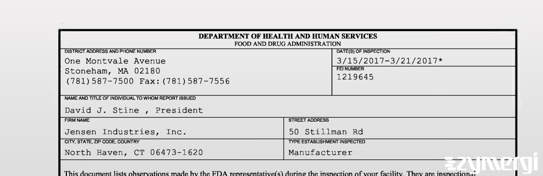 FDANews 483 Jensen Industries, Inc. Mar 21 2017 top