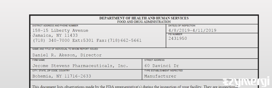 FDANews 483 Jerome Stevens Pharmaceuticals, Inc. Apr 11 2019 top