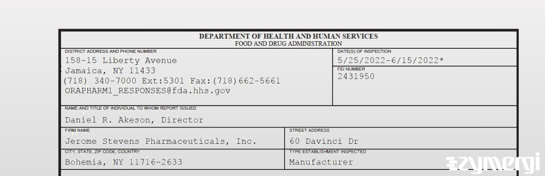 FDANews 483 Jerome Stevens Pharmaceuticals, Inc. Jun 15 2022 top