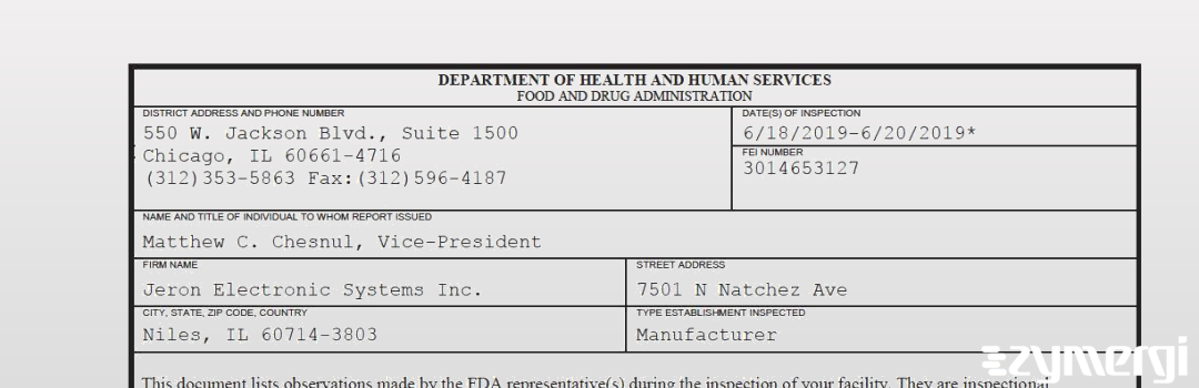 FDANews 483 Jeron Electronic Systems Inc. Jun 20 2019 top