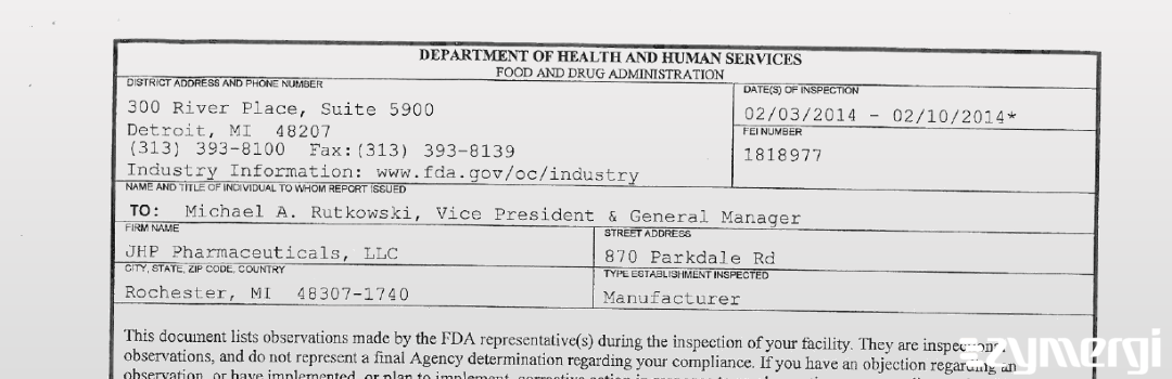 FDANews 483 JHP Pharmaceuticals, LLC Feb 10 2014 top