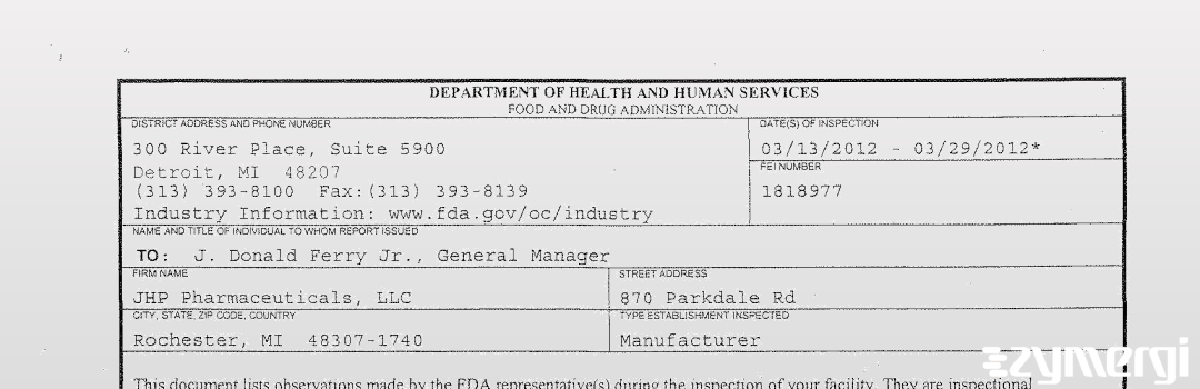 FDANews 483 JHP Pharmaceuticals, LLC Mar 29 2012 top