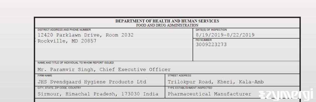 FDANews 483 JHS Svendgaard Hygiene Products Ltd Aug 22 2019 top