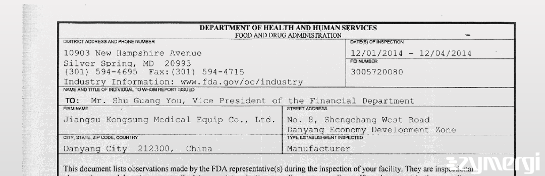 FDAzilla 483 Jiangsu Konsung Medical Equipment Co., Ltd. Dec 4 2014 top