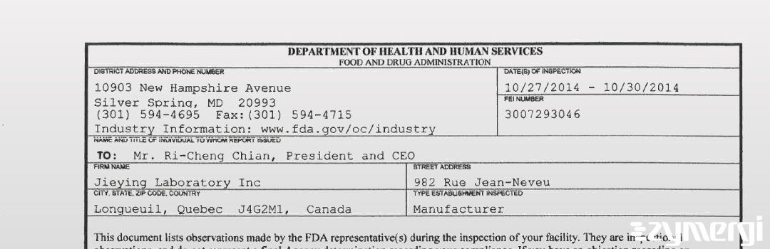 FDANews 483 Jieying Laboratory Inc Oct 30 2014 top