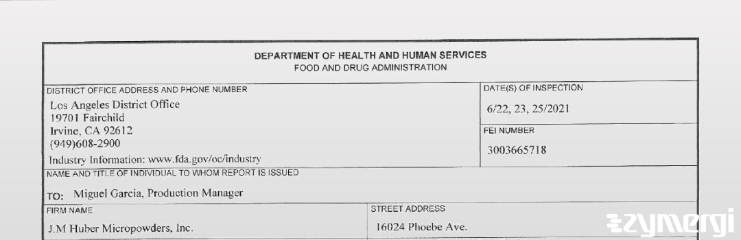 FDANews 483 J.M. Huber Micropowders, Inc Jun 25 2021 top