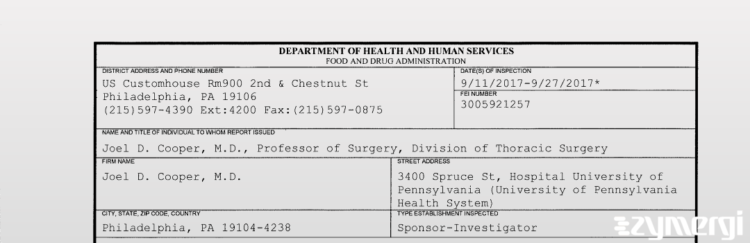 FDANews 483 Joel D. Cooper, M.D. Sep 27 2017 top