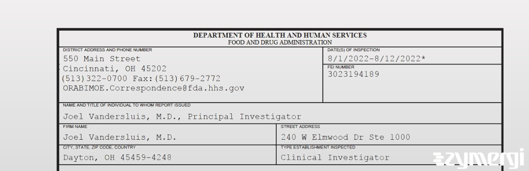 FDANews 483 Joel Vandersluis, M.D. Aug 12 2022 top