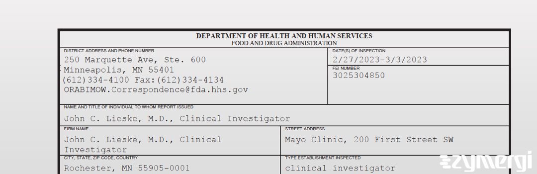 FDANews 483 John C. Lieske, M.D., Clinical Investigator Mar 3 2023 top