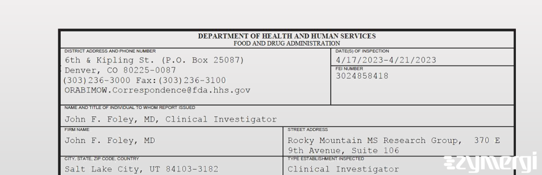 FDANews 483 John F. Foley, MD Apr 21 2023 top