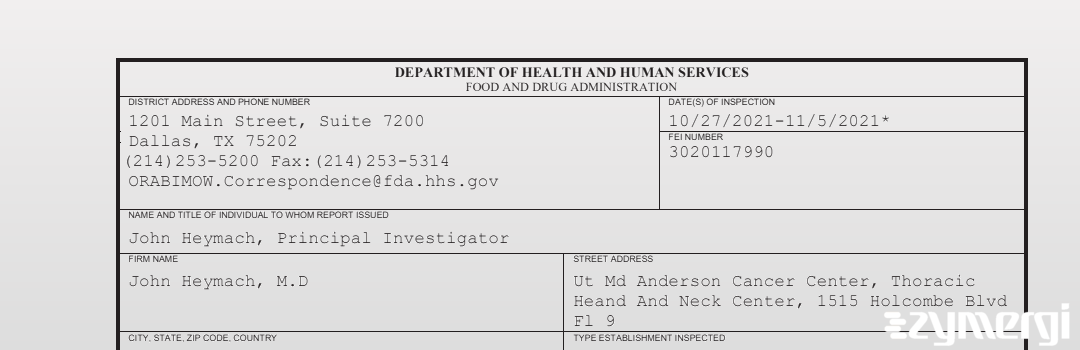 FDANews 483 John Heymach, M.D Nov 5 2021 top