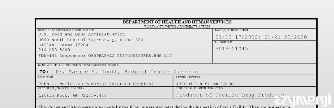 FDANews 483 John L. McClellan Memorial Veterans Hospital Jan 23 2020 top