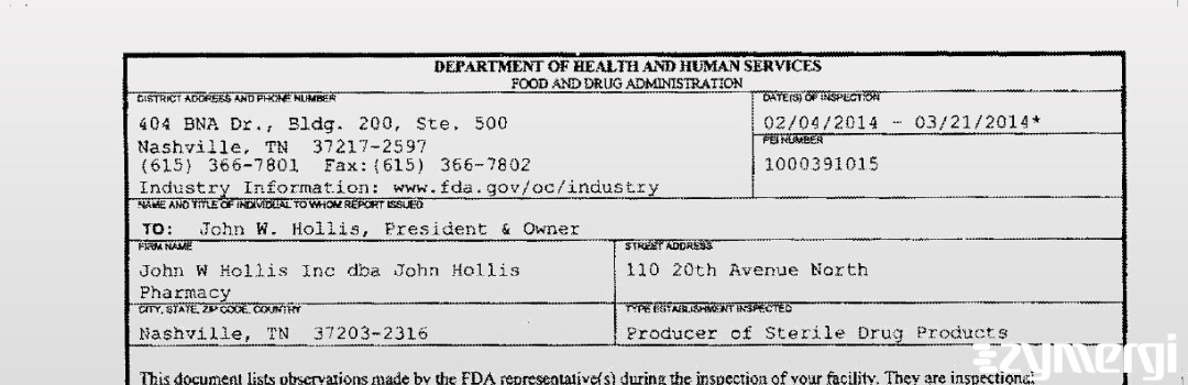 FDANews 483 John W Hollis Inc Mar 21 2014 top