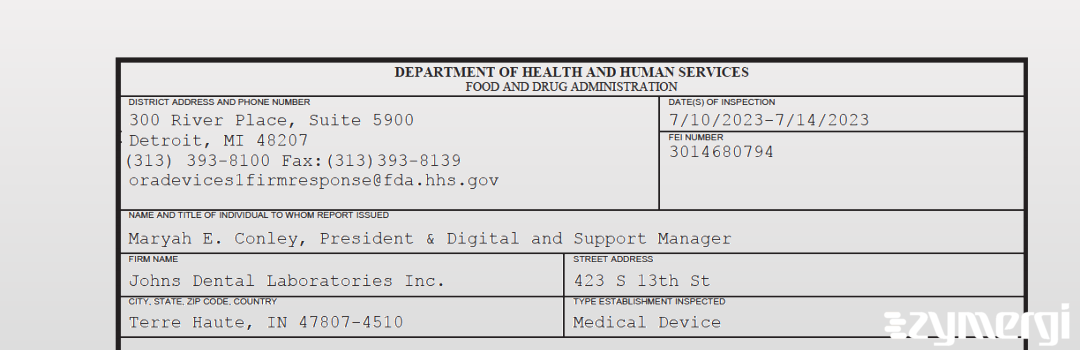 FDANews 483 Johns Dental Laboratories Inc. Jul 14 2023 top