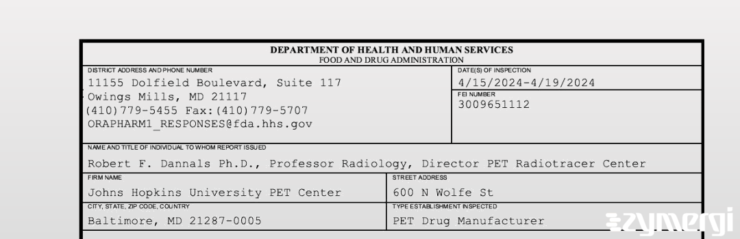 FDANews 483 Johns Hopkins University PET Center Apr 19 2024 top