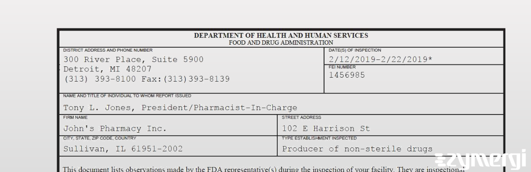 FDANews 483 John's Pharmacy Inc. Feb 22 2019 top