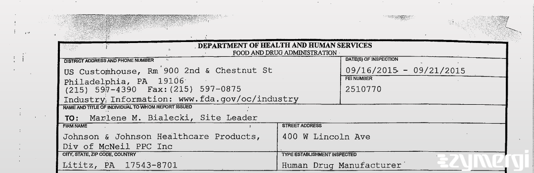 FDANews 483 Johnson & Johnson Consumer Inc Sep 21 2015 top