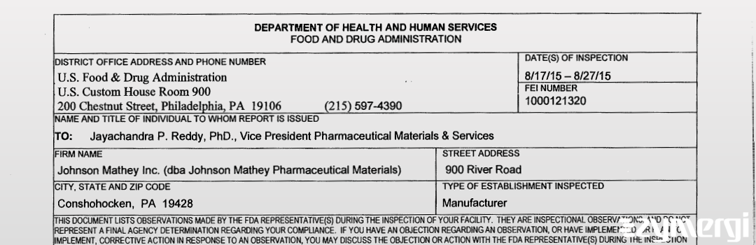 FDANews 483 Johnson Matthey Inc. (dba Johnson Matthey Pharm. Materials) Aug 27 2015 top