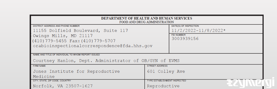 FDANews 483 Jones Institute for Reproductive Medicine Nov 8 2022 top