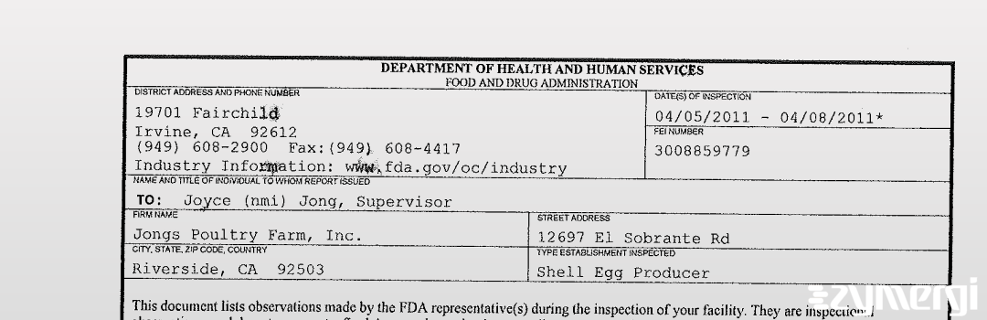 FDANews 483 Jongs Poultry Farm, Inc. Apr 8 2011 top