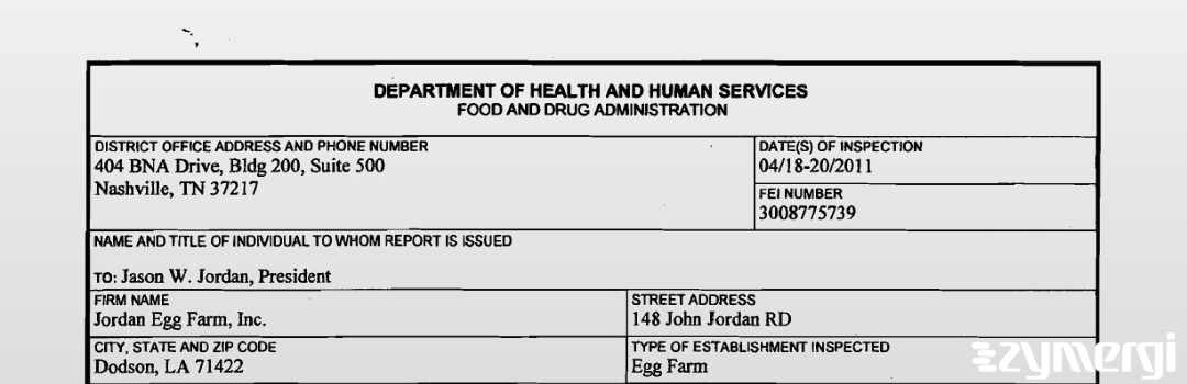 FDANews 483 Jordan Egg Farm, Inc. Apr 20 2011 top