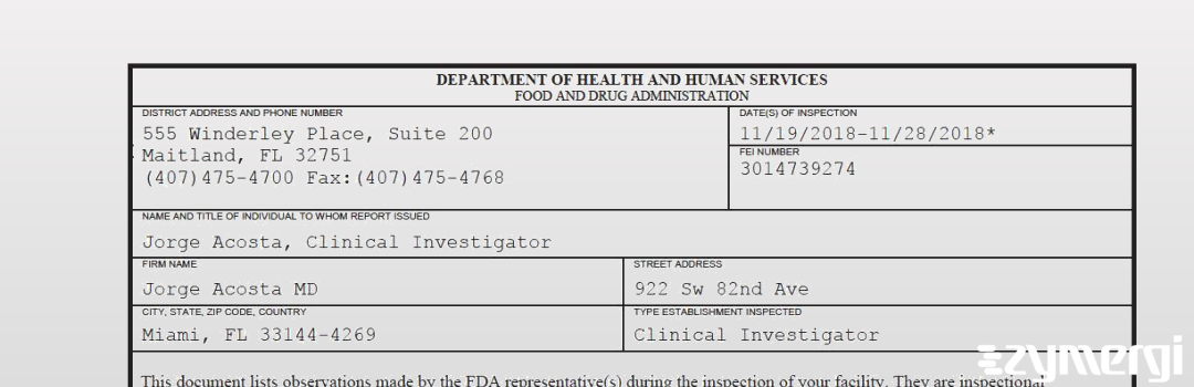 FDANews 483 Jorge Acosta MD Nov 28 2018 top