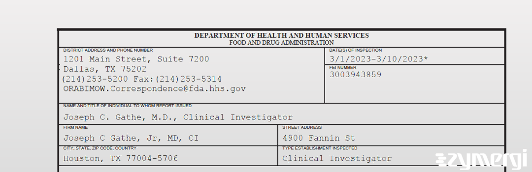 FDANews 483 Joseph C Gathe, Jr, MD, CI Mar 10 2023 top