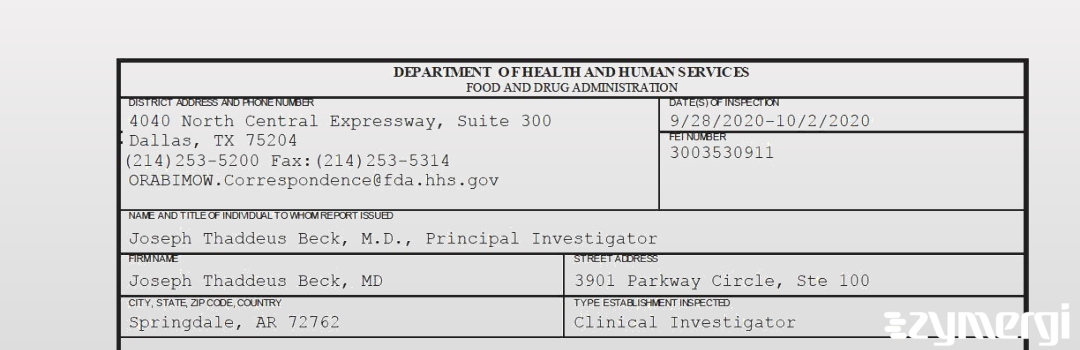 FDANews 483 Joseph Thaddeus Beck, MD Oct 2 2020 top