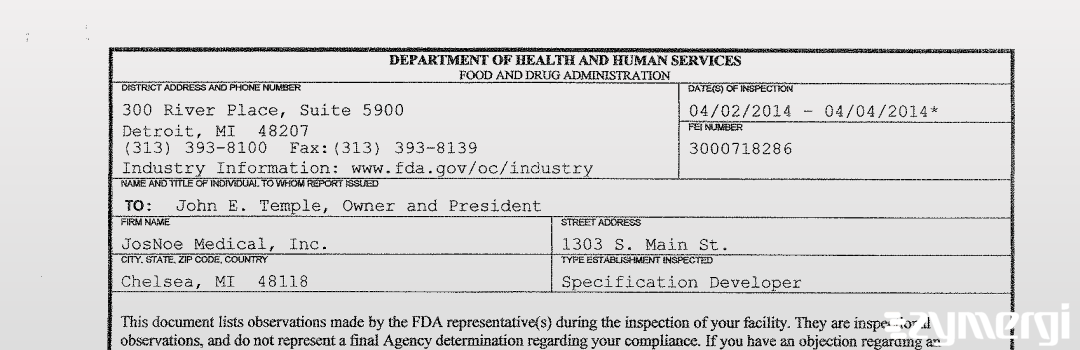 FDANews 483 JosNoe Medical, Inc. Apr 4 2014 top