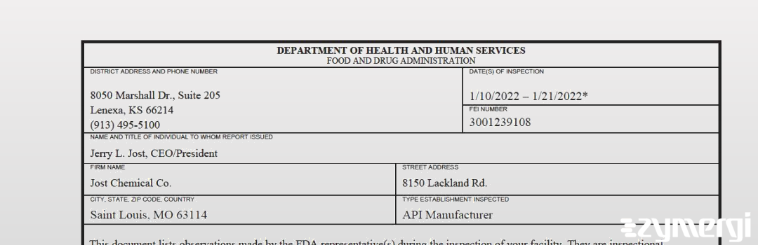 FDANews 483 Jost Chemical Co Inc Jan 21 2022 top