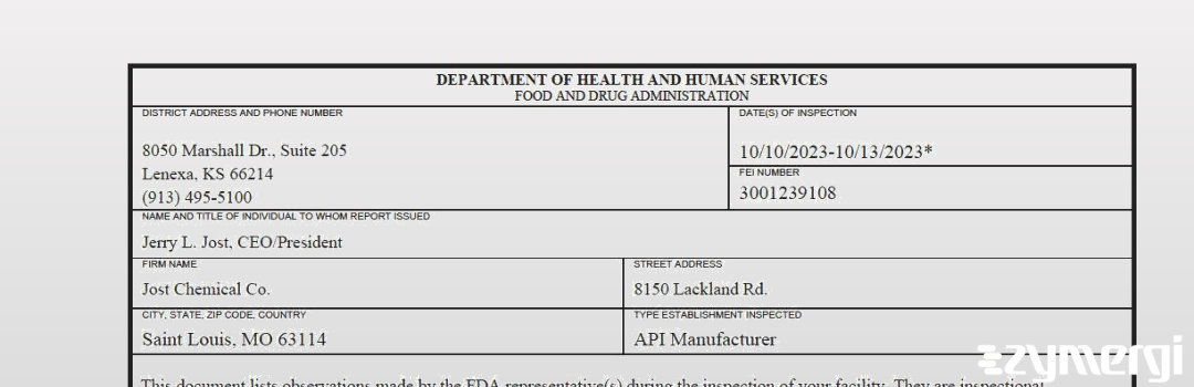 FDANews 483 Jost Chemical Co Oct 13 2023 top