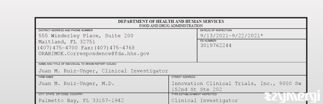 FDANews 483 Juan M. Ruiz-Unger, M.D. Sep 22 2021 top