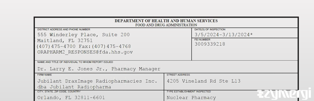 FDANews 483 Jubilant DraxImage Radiopharmacies Inc. dba Jubilant Radiopharma Mar 13 2024 top