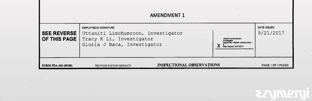 Uttaniti Limchumroon FDA Investigator Gloria J. Baca FDA Investigator Tracy K. Li FDA Investigator 