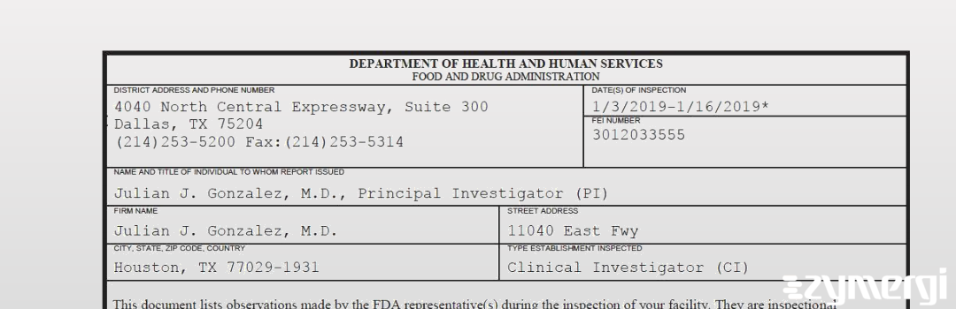 FDANews 483 Julian J. Gonzalez, M.D. Jan 16 2019 top