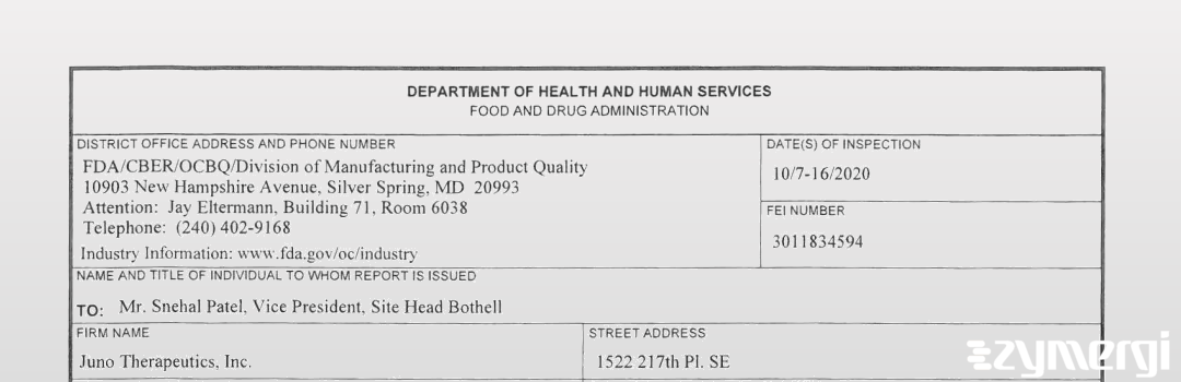 FDANews 483 Juno Therapeutics, Inc. Oct 16 2020 top