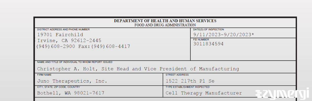 FDANews 483 Juno Therapeutics, Inc. Sep 20 2023 top