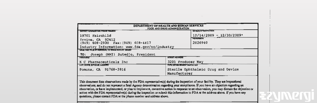 FDANews 483 K C Pharmaceuticals Inc Dec 30 2009 top