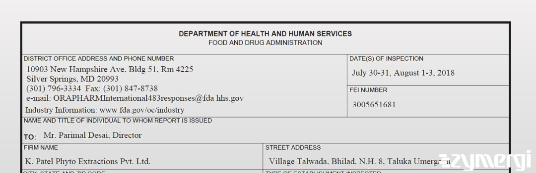 FDANews 483 K Patel Phyto Extractions Pvt Ltd Aug 3 2018 top