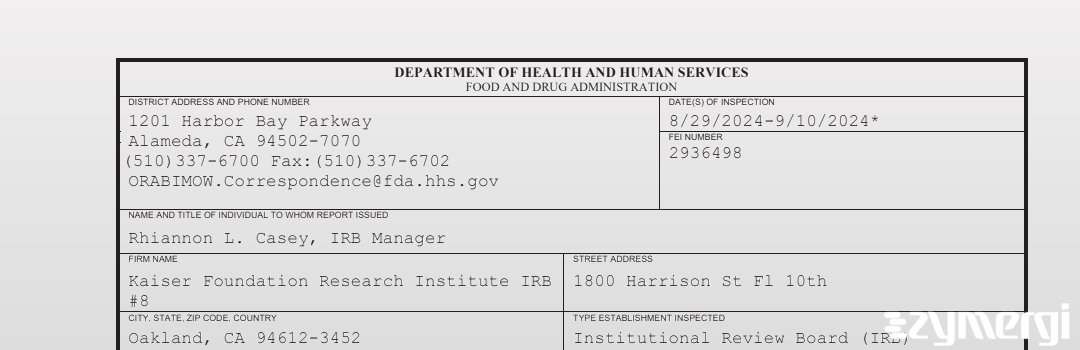 FDANews 483 Kaiser Foundation Research Institute IRB #8 Sep 10 2024 top