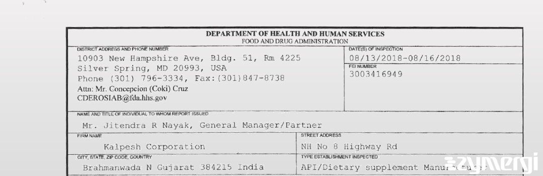FDANews 483 Kalpesh Corporation Aug 16 2018 top